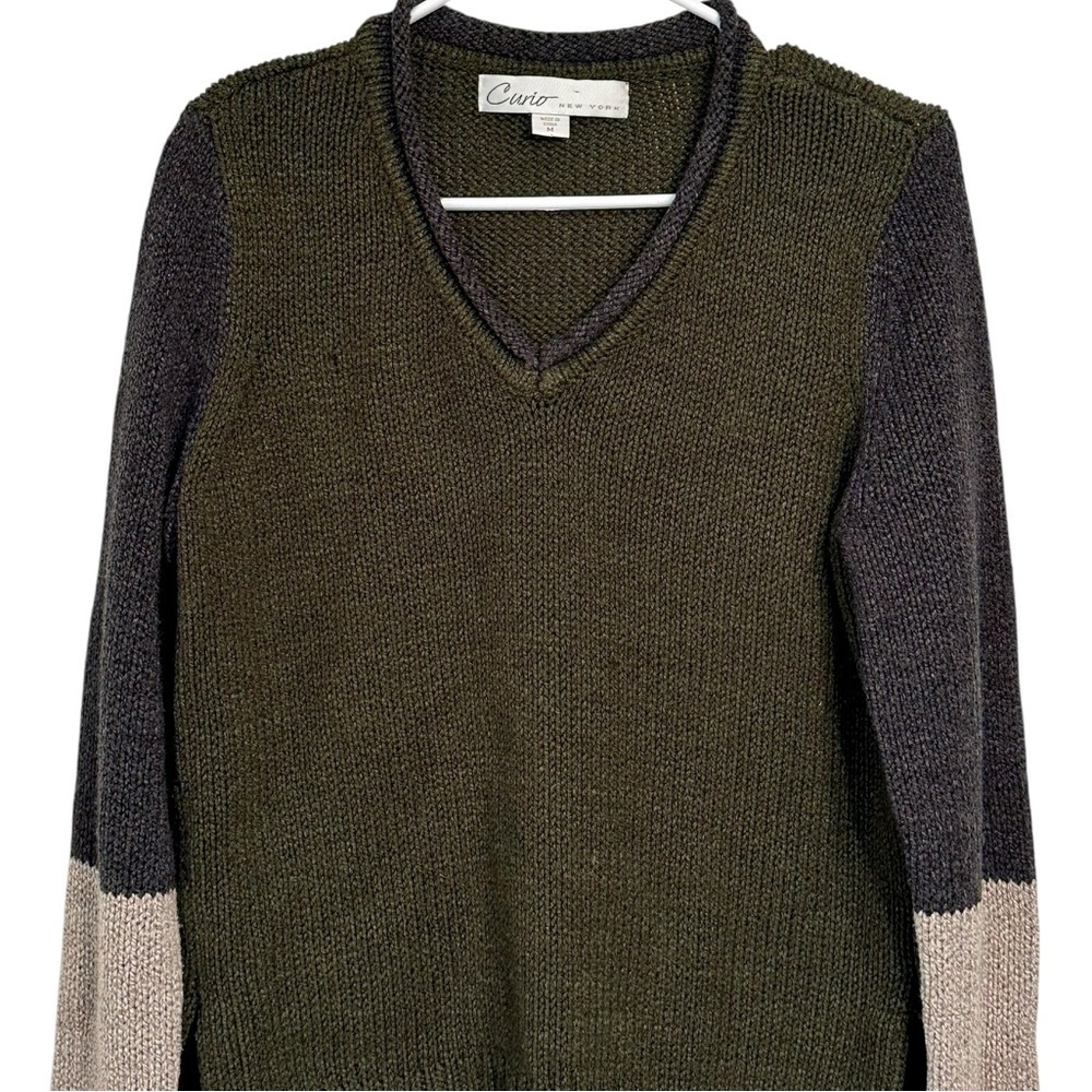 Curio New York Colorblock Olive Green Navy Cream Knit Sweater M - Picture 4 of 6